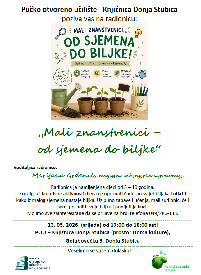 Plakat Mali znanstvenici - od sjemena do biljke 13.05.2026